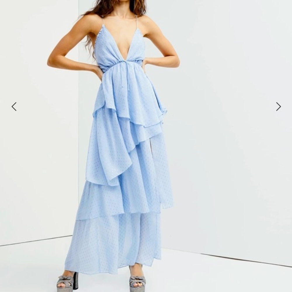 NWT For Love & Lemons Chantal Maxi Dress Chiffon Metallic Tiered